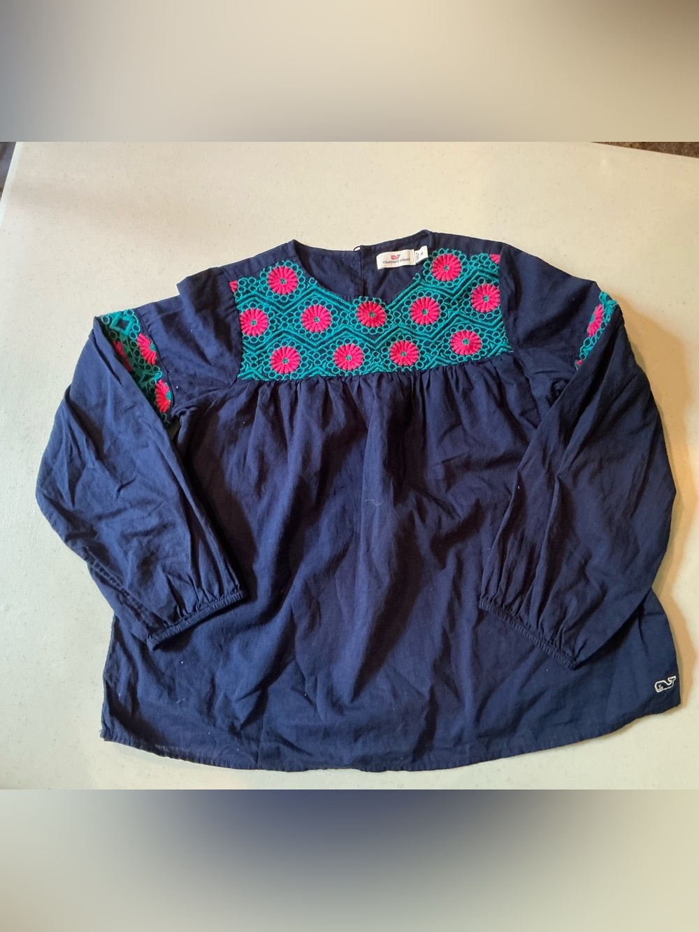 Vineyard Vines Girls Navy Blue Pink Floral Embroidery Top Long Sleeve M
